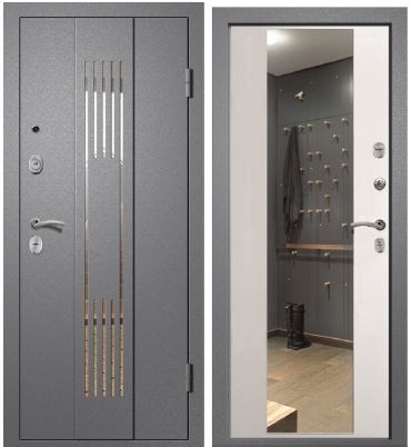Дверь входная металлическая МЕДЕЯ-321 (М5) Софт айс (Зеркало)/Букле серый